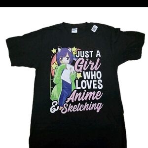 Just a Girl Who Loves Anime and Sketching Black TShirt NWT  Port & Company Med